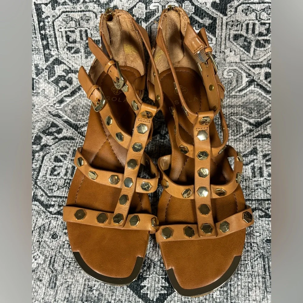 Isola Primrose chestnut‎ and gold gladiator wedge sandal size 7.5
